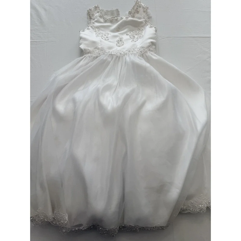 Cinderella Ball Gown Dress Girls 10 White Beaded Formal Wedding Flower Girl